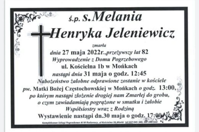 27.05.2022 - zmarła siostra zakonna Melania Henryka Jeleniewicz